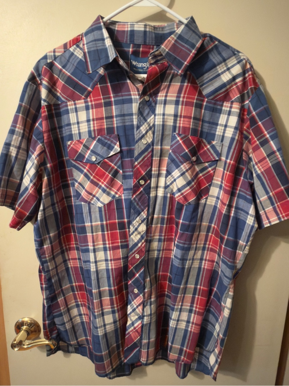 Wrangler Pearl Snap Plaid Western Shirt Men’s XL Short Sleeve Red Blue Cowboy
